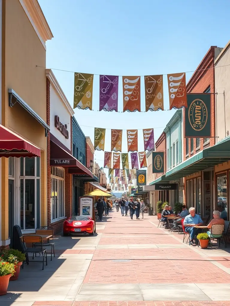A vibrant downtown scene in Tulare, California, featuring local shops, restaurants, and community events, capturing the city's lively spirit.