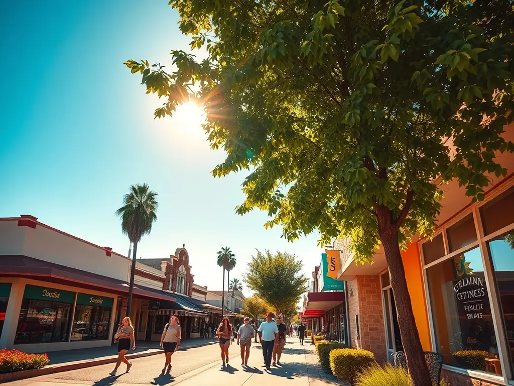 A vibrant street scene in Visalia, California, showcasing local shops and community life, under a sunny sky. The image should convey a sense of community and local charm.