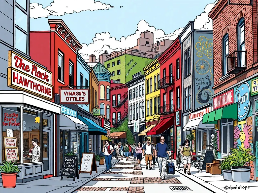 A lively scene in Hawthorne, showcasing its eclectic mix of vintage shops, quirky restaurants, and colorful murals, capturing the neighborhood's unique and artistic vibe.