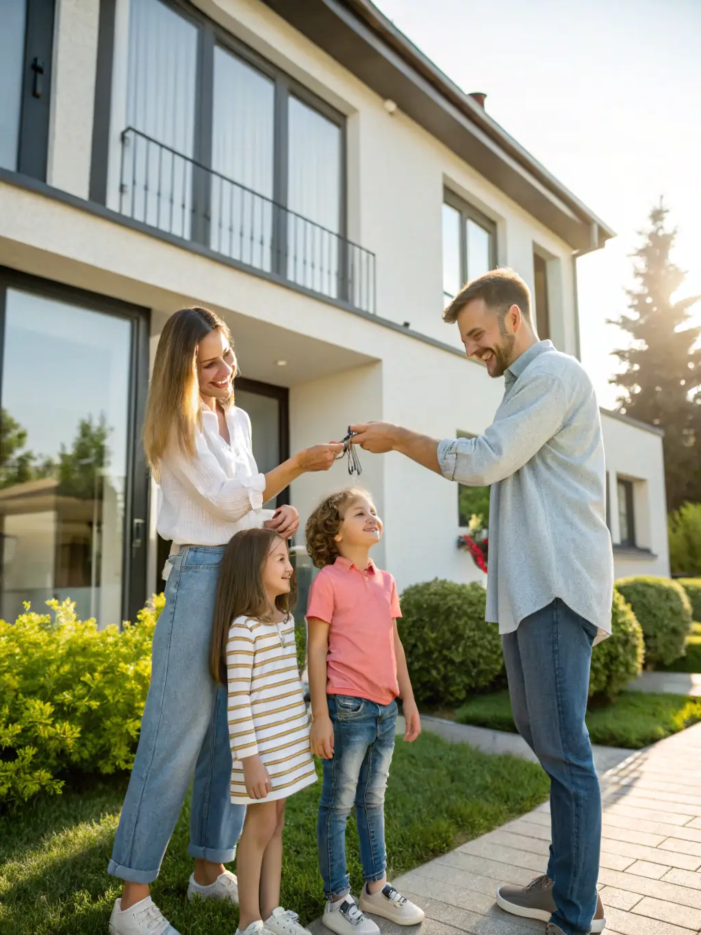 A happy family receiving keys to their newly sold home, symbolizing the successful outcome of Cornerstone Realty's selling process.