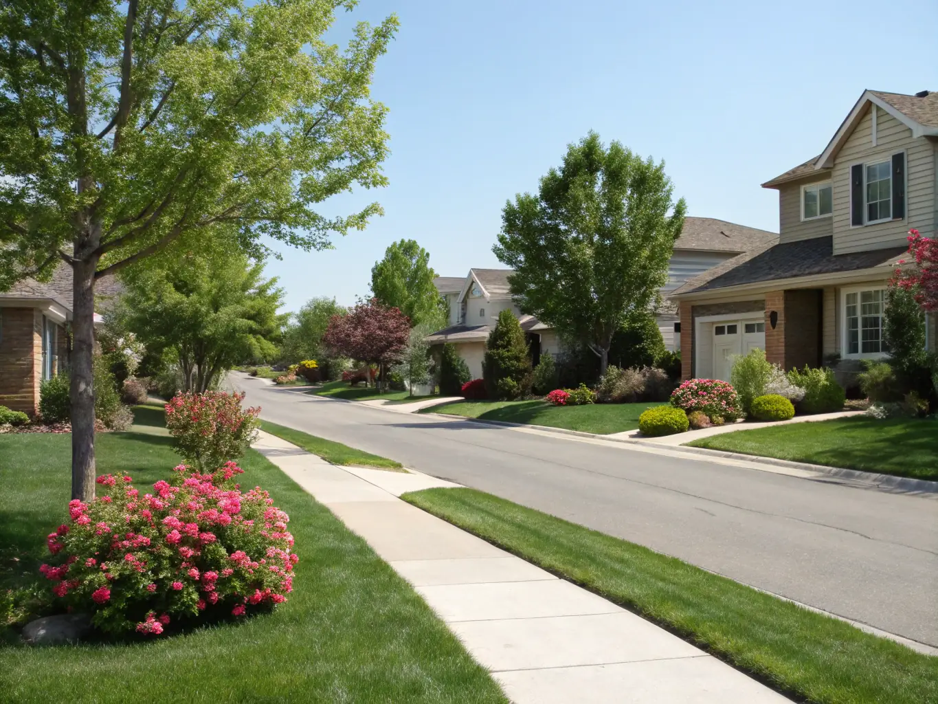 A serene image of a tree-lined street in West Hills, featuring beautiful homes with well-manicured lawns, reflecting the neighborhood's peaceful and upscale residential character.