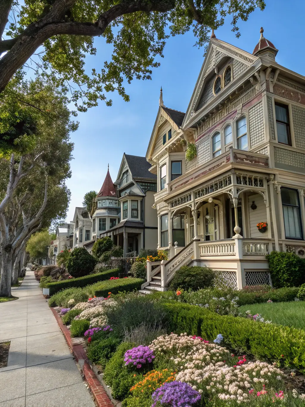 A charming, renovated Victorian house with a white picket fence and a lush garden, emphasizing its curb appeal and classic architectural details.