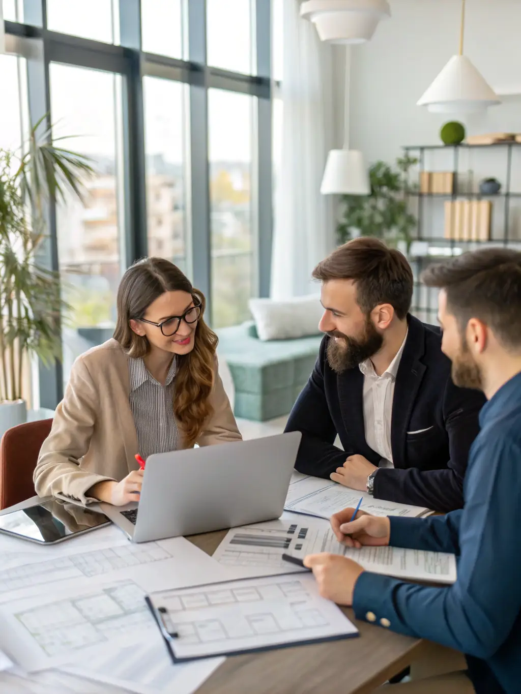 A modern office interior with agents collaborating on property listings, showcasing teamwork and expertise.