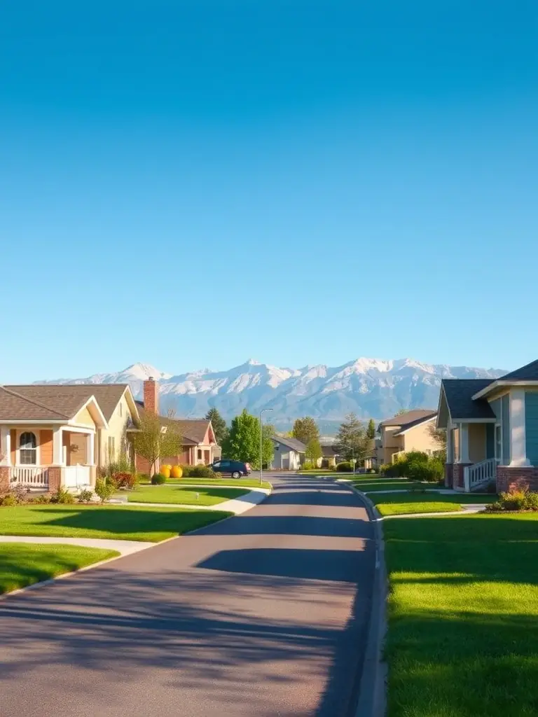 A sunny residential street in Visalia, California, showcasing well-maintained homes with green lawns and mature trees, reflecting a family-friendly atmosphere.