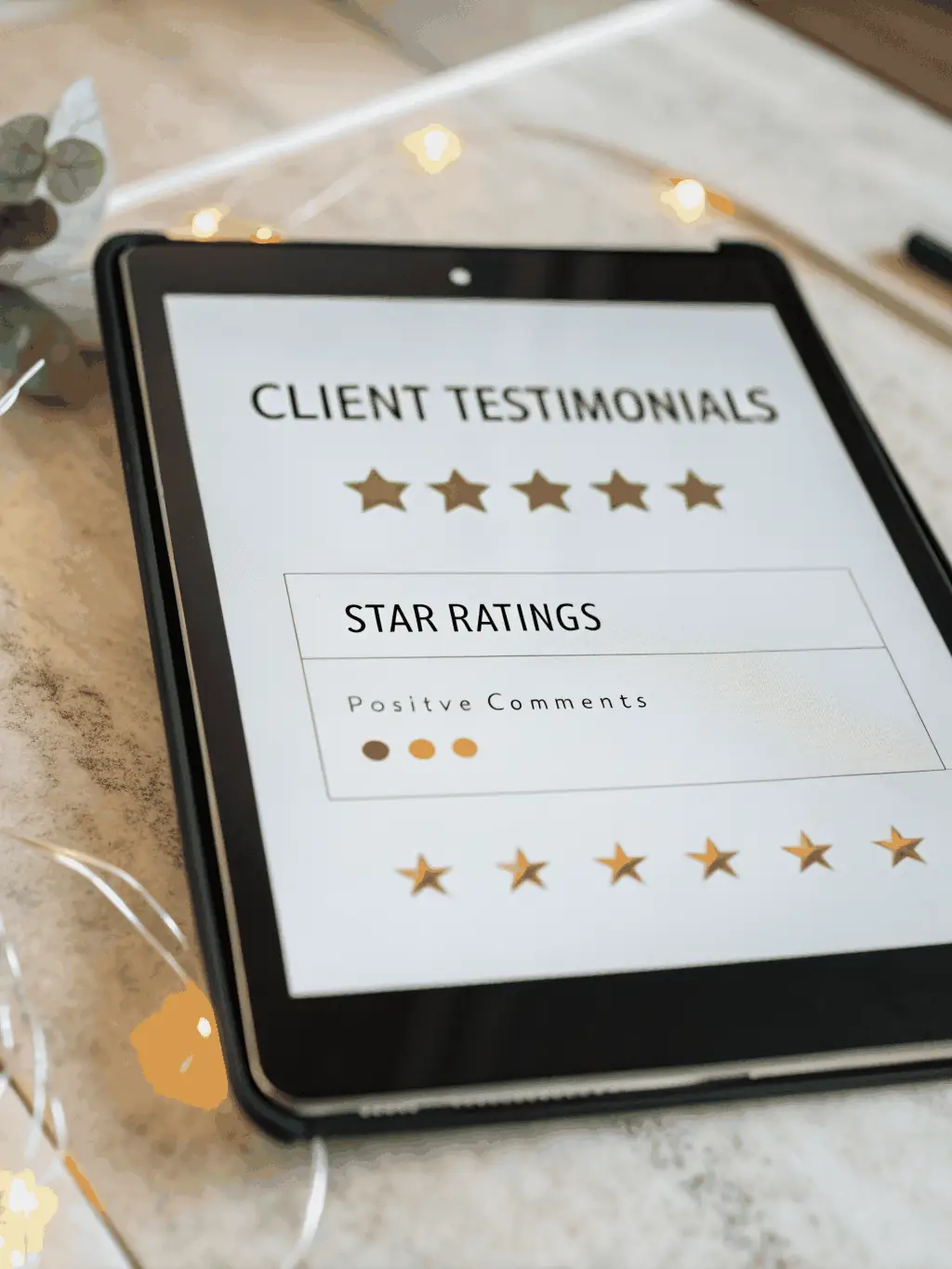 A client testimonial displayed on a tablet, highlighting positive experiences and client satisfaction.