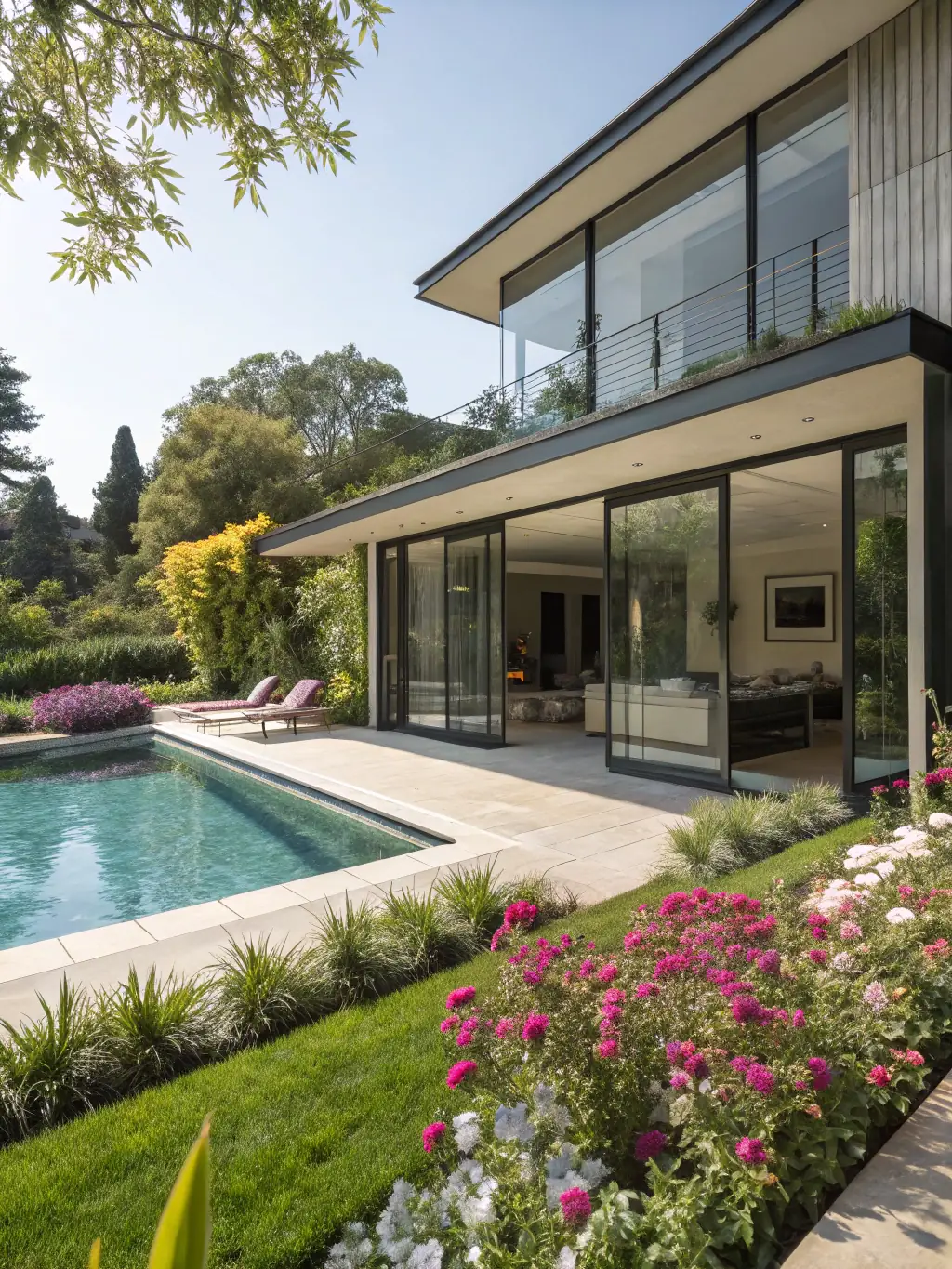 A spacious, contemporary house with a large backyard and a swimming pool, highlighting its family-friendly features and outdoor living spaces.