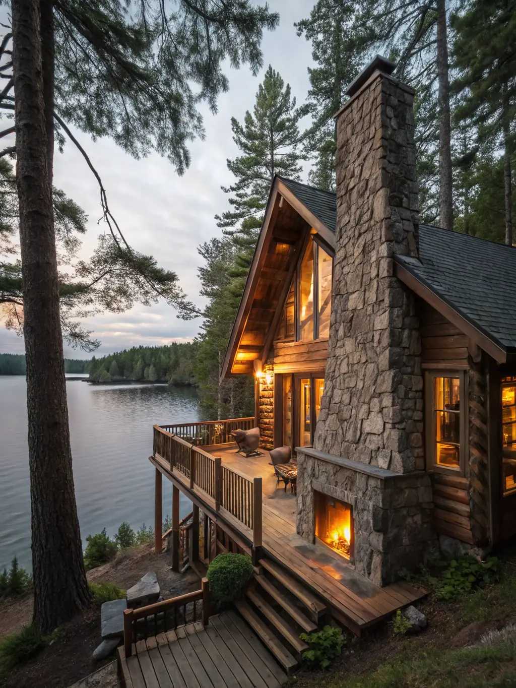 A rustic, waterfront cabin with a private dock and a serene lake view, emphasizing its peaceful setting and recreational opportunities.