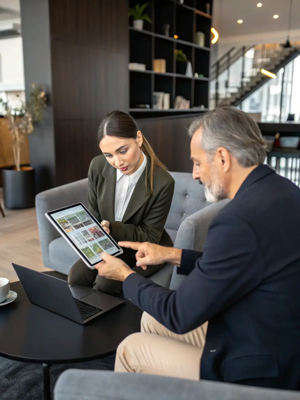A professional real estate agent skillfully negotiating a deal with potential buyers in a modern office setting, emphasizing Cornerstone Realty's negotiation expertise.