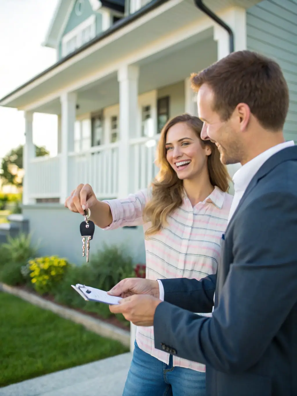 A professional real estate agent shaking hands with a satisfied client in front of a beautiful home, symbolizing trust and successful partnerships.
