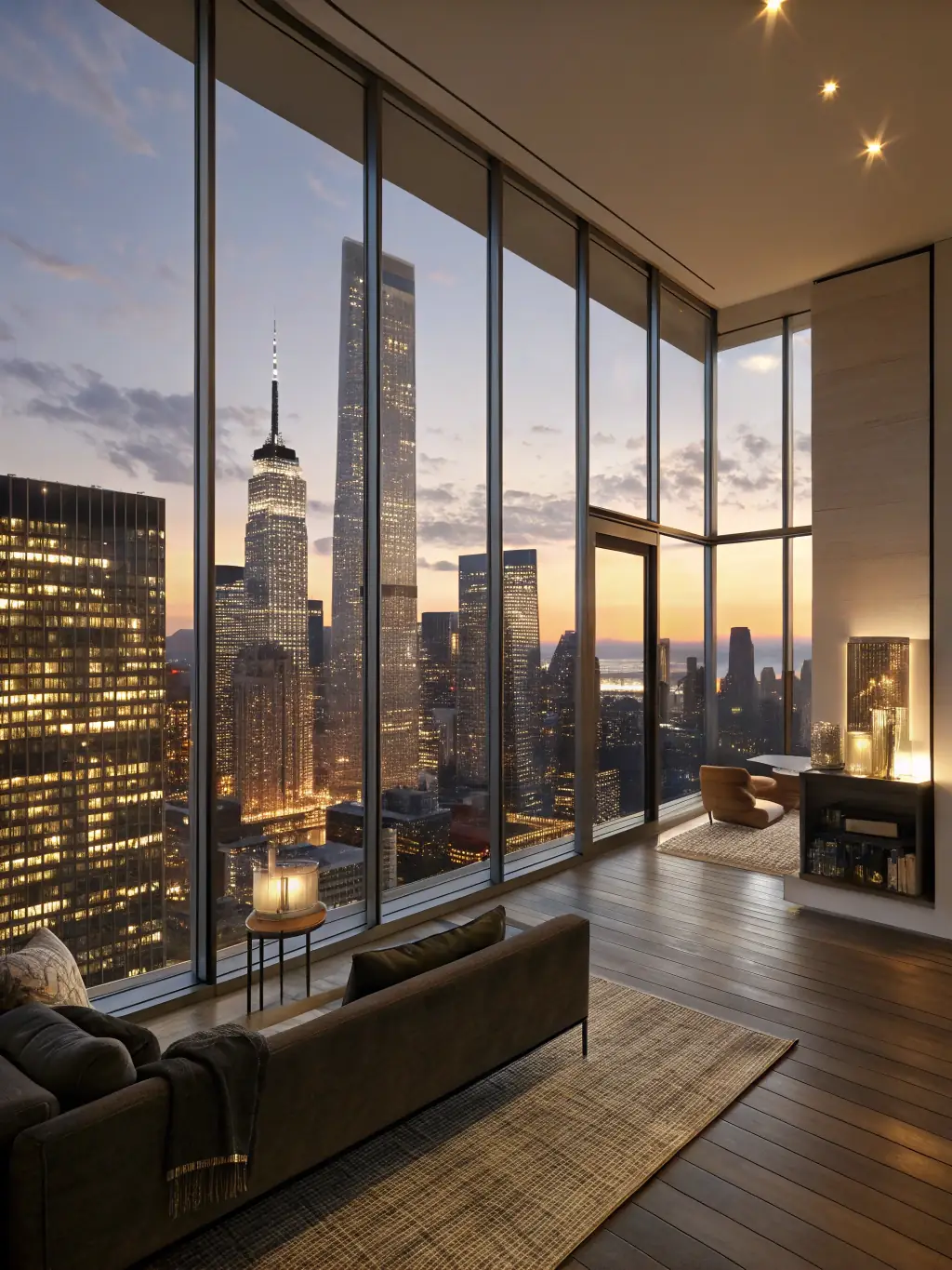 A modern, luxury apartment with floor-to-ceiling windows overlooking a cityscape at sunset, showcasing the property's prime location and stunning views.