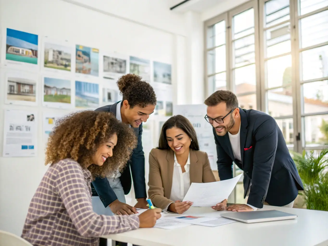 A picture of a diverse team of real estate professionals collaborating in a modern office setting, showcasing their expertise and teamwork.