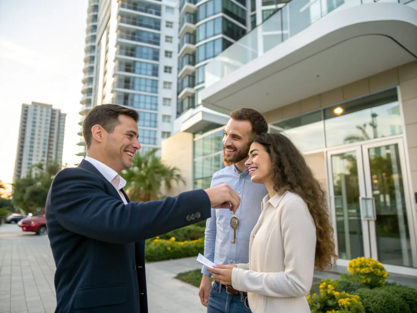 A photo of a real estate agent handing over the keys to a happy new homeowner in front of their new house, symbolizing a successful and smooth transaction.